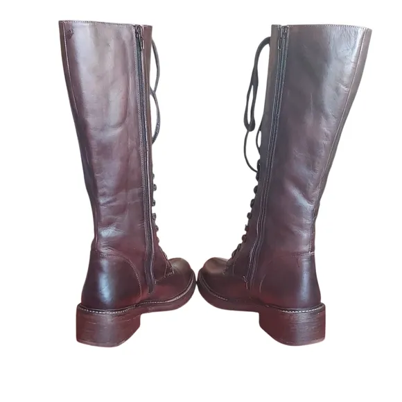 Vintage Foundry Brown Leather Lace-Up Western Booots Block Heel Womens