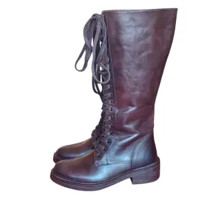 Vintage Foundry Brown Leather Lace-Up Western Booots Block Heel Womens