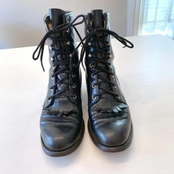 Vintage Justin L 506 Black Lace-Up Boots Size 6 B Leather Kiltie Western Peasant