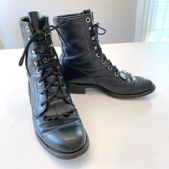 Vintage Justin L 506 Black Lace-Up Boots Size 6 B Leather Kiltie Western Peasant