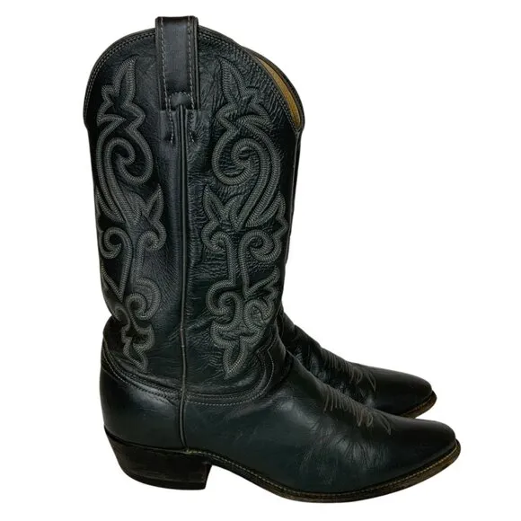 Vintage Justin Leather Cowboy Boots Mens 10.5 D Dark Gray Western Made In USA