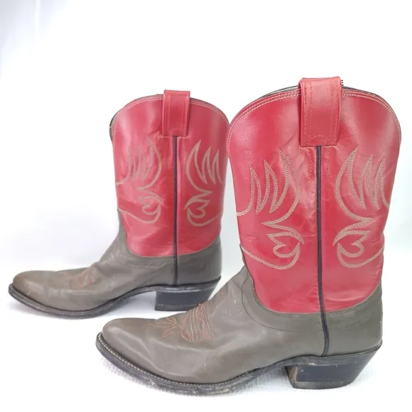 Vintage Olathe Western Boots Red Gray Leather Cowboy Pointed Toe USA Made Sz 9 D