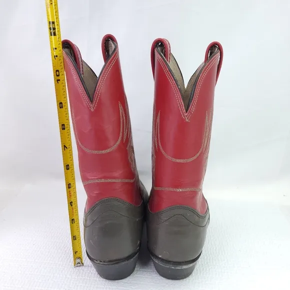Vintage Olathe Western Boots Red Gray Leather Cowboy Pointed Toe USA Made Sz 9 D