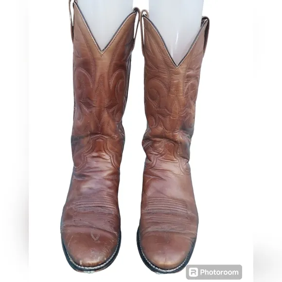 Vintage Pull On Western Boots Cowboy Shoes Brown Genuine Leather Men's Size 9.5D