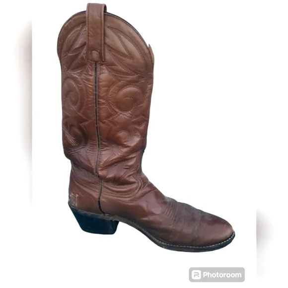 Vintage Pull On Western Boots Cowboy Shoes Brown Genuine Leather Men's Size 9.5D