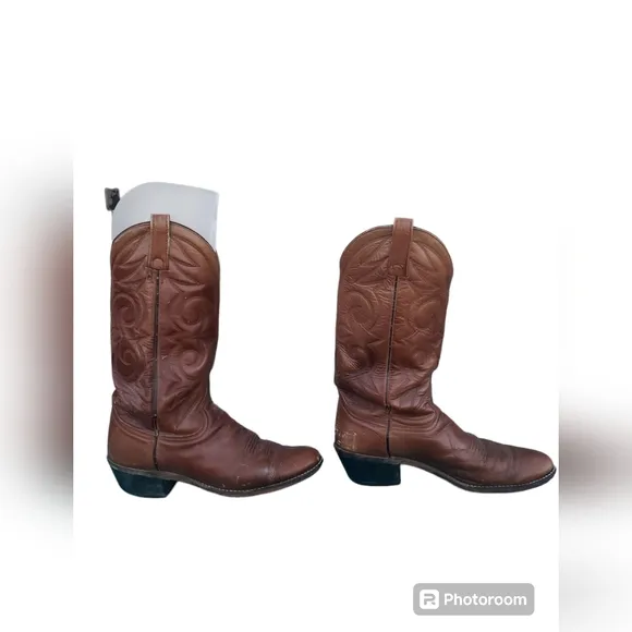 Vintage Pull On Western Boots Cowboy Shoes Brown Genuine Leather Men's Size 9.5D