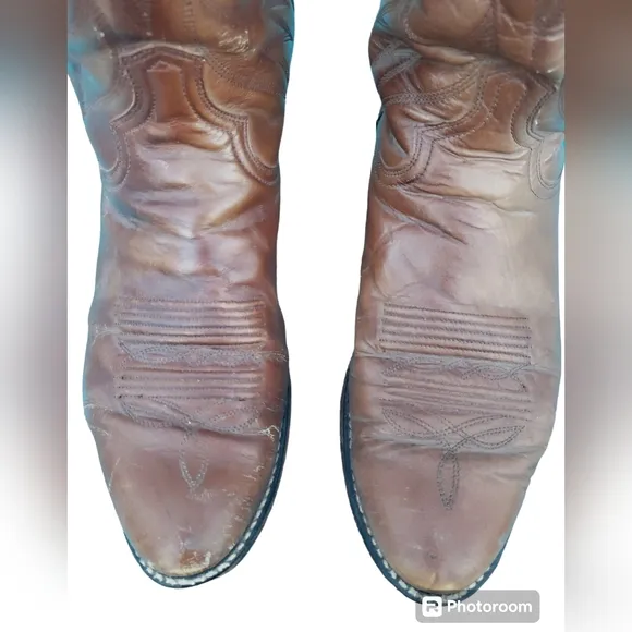 Vintage Pull On Western Boots Cowboy Shoes Brown Genuine Leather Men's Size 9.5D