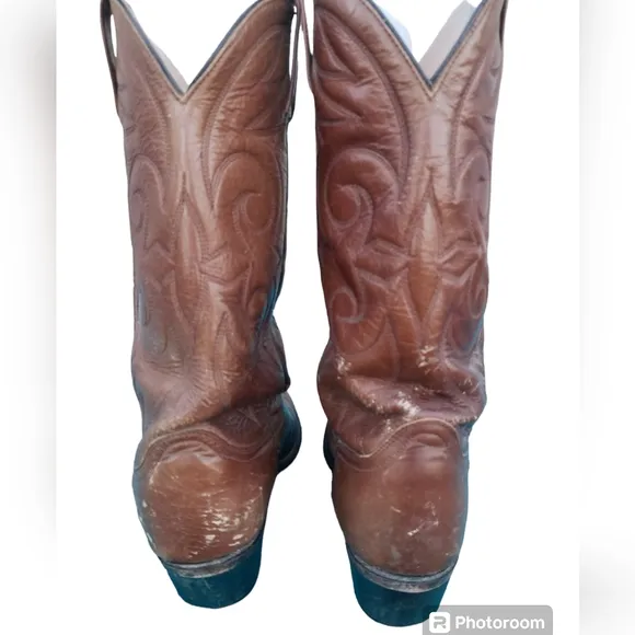 Vintage Pull On Western Boots Cowboy Shoes Brown Genuine Leather Men's Size 9.5D