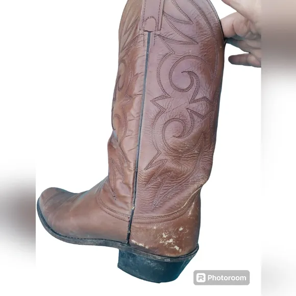 Vintage Pull On Western Boots Cowboy Shoes Brown Genuine Leather Men's Size 9.5D