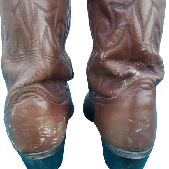 Vintage Pull On Western Boots Cowboy Shoes Brown Genuine Leather Men's Size 9.5D
