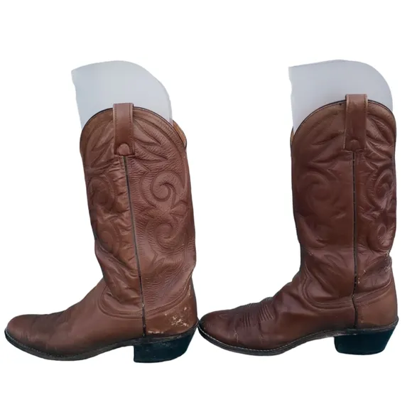 Vintage Pull On Western Boots Cowboy Shoes Brown Genuine Leather Men's Size 9.5D