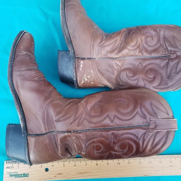 Vintage Pull On Western Boots Cowboy Shoes Brown Genuine Leather Men's Size 9.5D