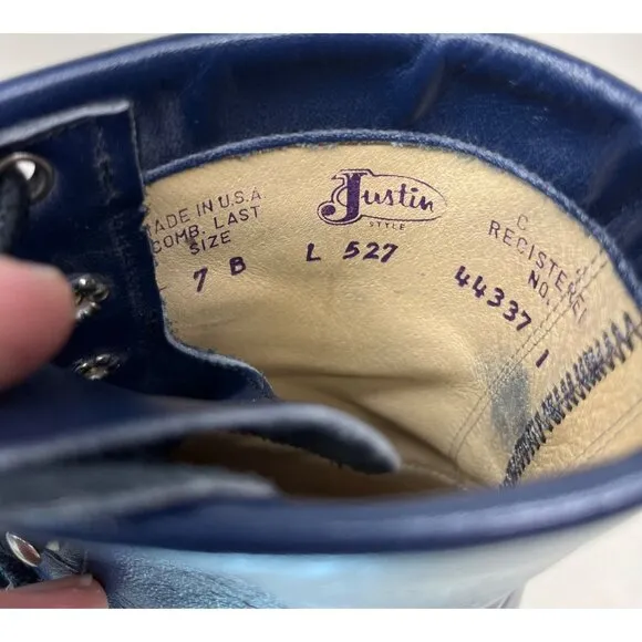 Vintage Womens Blue Justin L527 Kiltie Lace Up Western Cowgirl Roper Boots 7B