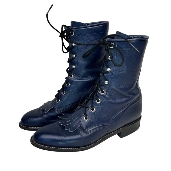 Vintage Womens Blue Justin L527 Kiltie Lace Up Western Cowgirl Roper Boots 7B