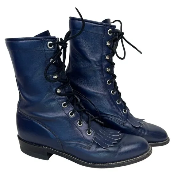 Vintage Womens Blue Justin L527 Kiltie Lace Up Western Cowgirl Roper Boots 7B