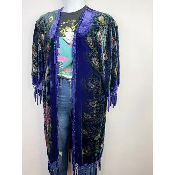 Vintage Y2K Suzanne Somers Silk Blend Velvet Beaded Peacock Kimono Robe OS new