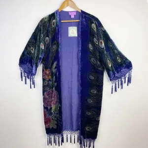Vintage Y2K Suzanne Somers Silk Blend Velvet Beaded Peacock Kimono Robe OS new