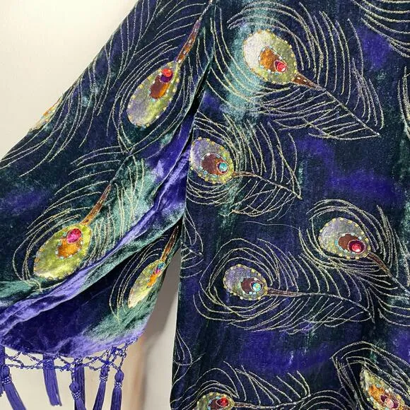 Vintage Y2K Suzanne Somers Silk Blend Velvet Beaded Peacock Kimono Robe OS new
