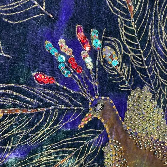 Vintage Y2K Suzanne Somers Silk Blend Velvet Beaded Peacock Kimono Robe OS new
