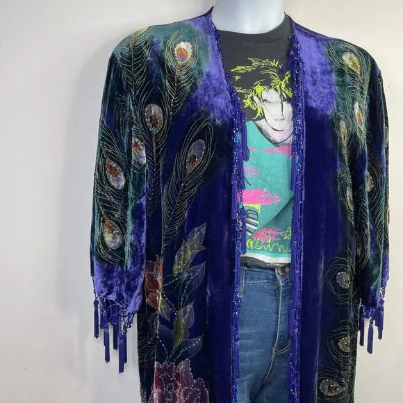 Vintage Y2K Suzanne Somers Silk Blend Velvet Beaded Peacock Kimono Robe OS new