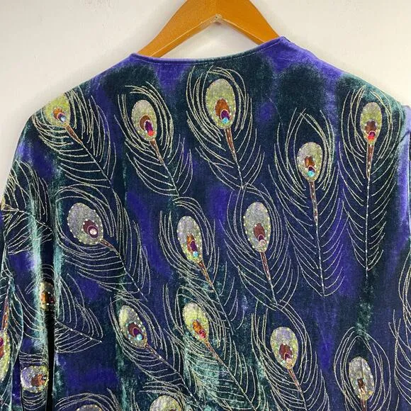 Vintage Y2K Suzanne Somers Silk Blend Velvet Beaded Peacock Kimono Robe OS new