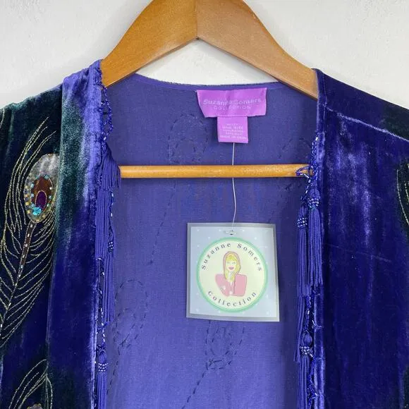 Vintage Y2K Suzanne Somers Silk Blend Velvet Beaded Peacock Kimono Robe OS new