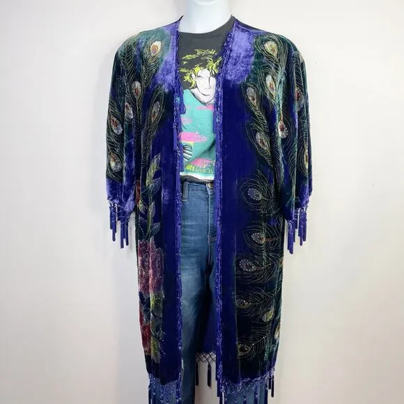 Vintage Y2K Suzanne Somers Silk Blend Velvet Beaded Peacock Kimono Robe OS new