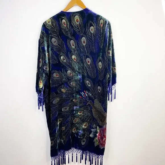 Vintage Y2K Suzanne Somers Silk Blend Velvet Beaded Peacock Kimono Robe OS new