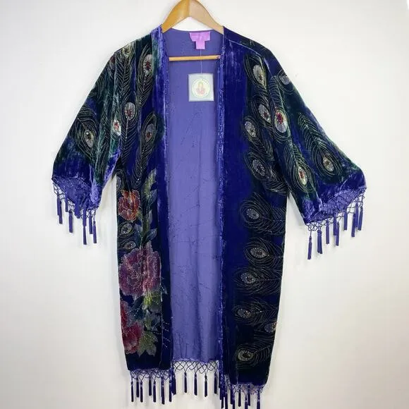 Vintage Y2K Suzanne Somers Silk Blend Velvet Beaded Peacock Kimono Robe OS new