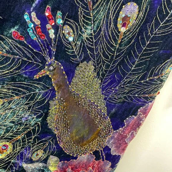 Vintage Y2K Suzanne Somers Silk Blend Velvet Beaded Peacock Kimono Robe OS new