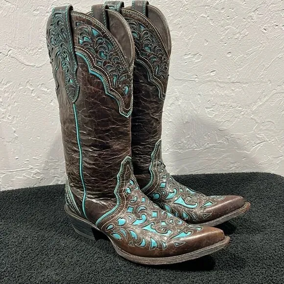 🔥Vintage ARIAT Presidio Brown/Turquoise Leather Western Cowboy Boots Women’s 8