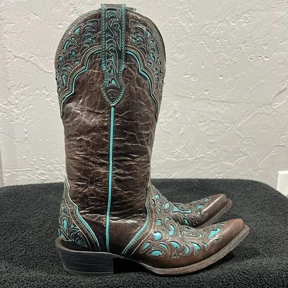 🔥Vintage ARIAT Presidio Brown/Turquoise Leather Western Cowboy Boots Women’s 8