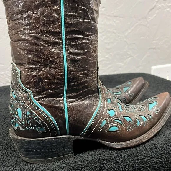 🔥Vintage ARIAT Presidio Brown/Turquoise Leather Western Cowboy Boots Women’s 8