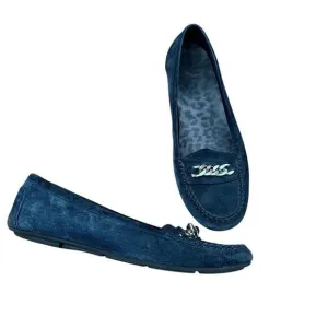 Vionic Mesa Navy Blue Suede Loafer Flats Shoes Silver Chain Size 9.5