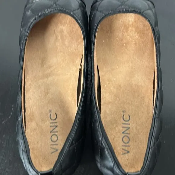 Vionic Shoes Womens Black Leather Quilted Desiree Cap Toe Ballet Flats Casual 8