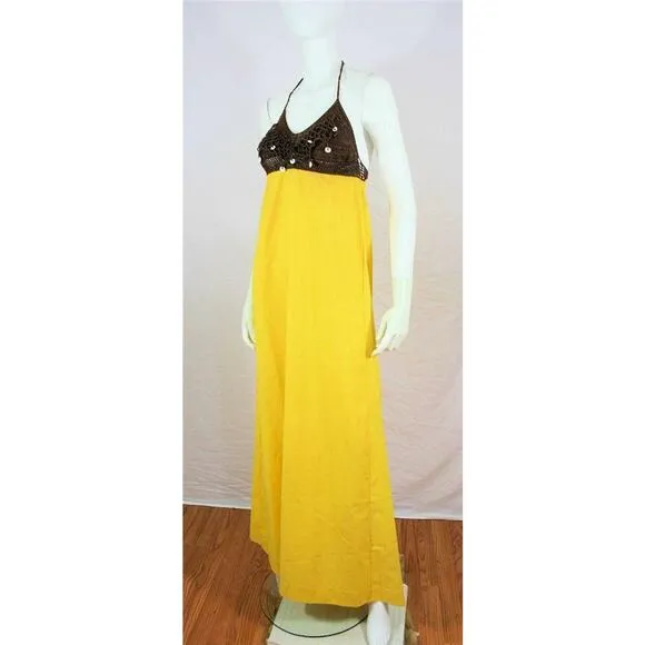 Vtg 60s Lemon Crochet Shell Hawaiian Maxi Dress