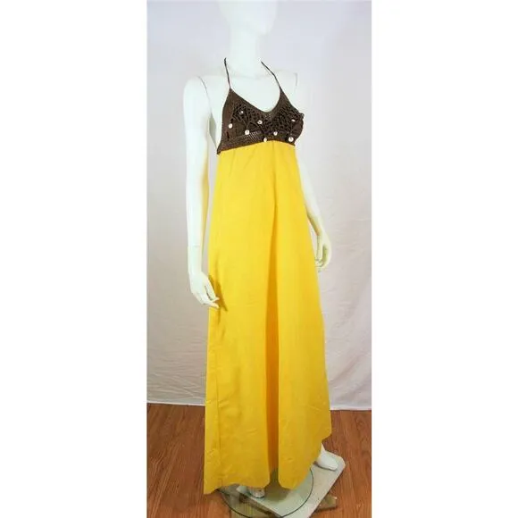 Vtg 60s Lemon Crochet Shell Hawaiian Maxi Dress