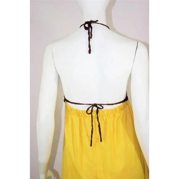 Vtg 60s Lemon Crochet Shell Hawaiian Maxi Dress