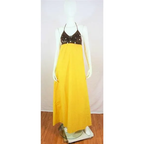 Vtg 60s Lemon Crochet Shell Hawaiian Maxi Dress