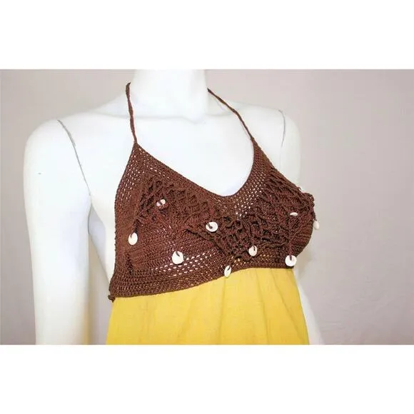 Vtg 60s Lemon Crochet Shell Hawaiian Maxi Dress