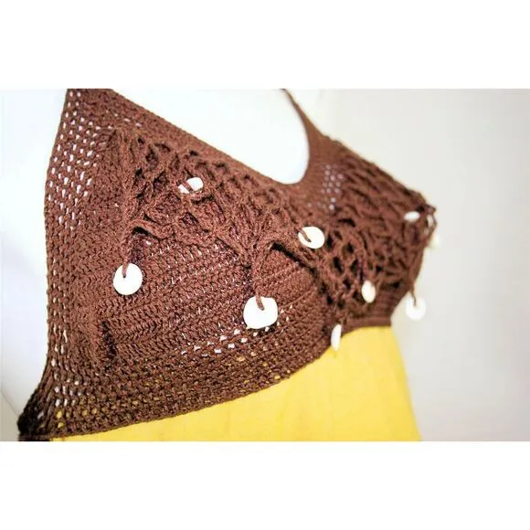 Vtg 60s Lemon Crochet Shell Hawaiian Maxi Dress