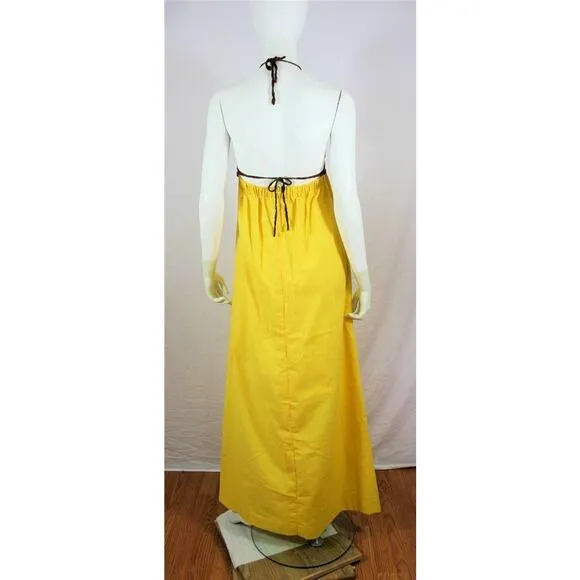 Vtg 60s Lemon Crochet Shell Hawaiian Maxi Dress