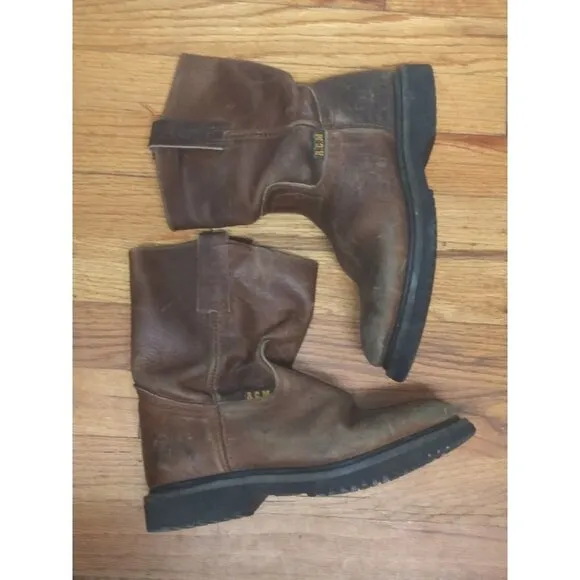 VTG ACM industrial work boots Brown Mens Sz 7 COWHIDE LEATHER Stitched WELT EUC