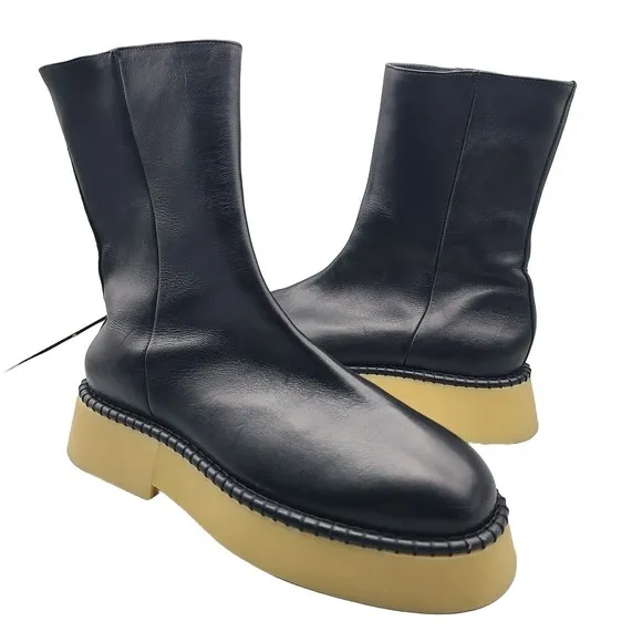 Wandler Women Black Leather Boots Rosa Zipper Platform Ankle Size 37.5 7.5 New