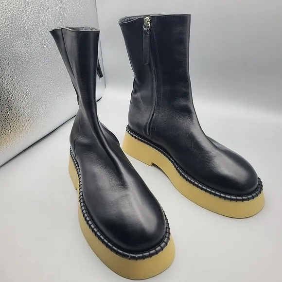 Wandler Women Black Leather Boots Rosa Zipper Platform Ankle Size 37.5 7.5 New