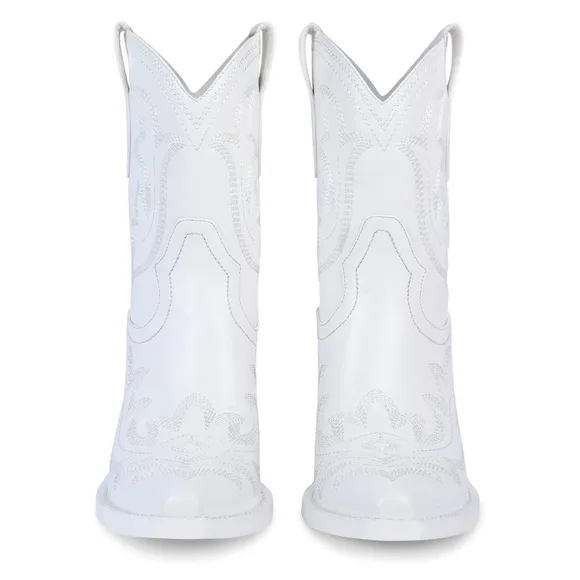 WetKiss Women’s Short Embroidered Cowboy Boots, Chunky Heel in White Size 8.5