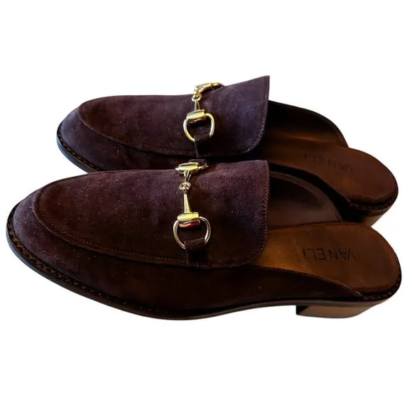 Women's 8M Vaneli Akela Suede Horsebit Mules Chocolate Brown Equestrian Chic NWT