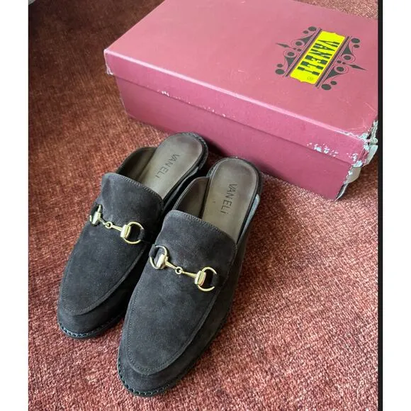 Women's 8M Vaneli Akela Suede Horsebit Mules Chocolate Brown Equestrian Chic NWT