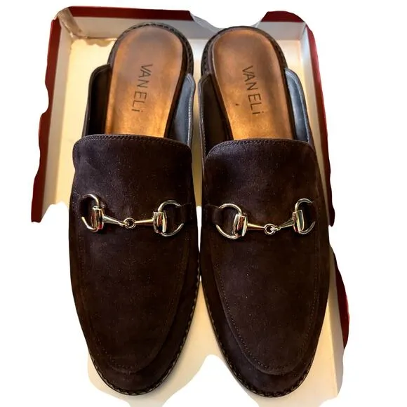 Women's 8M Vaneli Akela Suede Horsebit Mules Chocolate Brown Equestrian Chic NWT