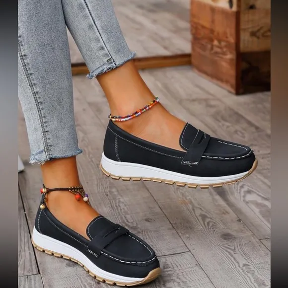 Women's Black Vegan Leather Loafers with Gold Buckle